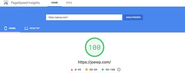 JoeWP Agencia de WordPress - Google PagSpeed Insights Test Móvil